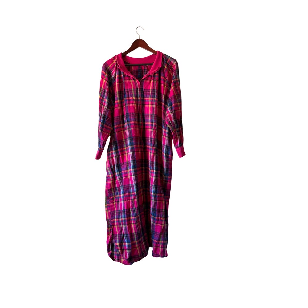 Vintage Pink Plaid Flannel Zip Front Nightgown Long Sleeve Pockets Maxi Dress